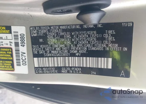 2010 Toyota Sienna Le z USA, uszkodzony, nr VIN 5TDKK4CC5AS338931